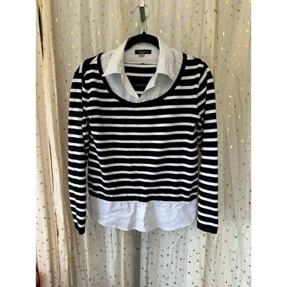 Cable & Gauge Sweaters - Cable & Gauge Stripe Pullover Ribbed Sweater Attached Layered Collared Shirt S